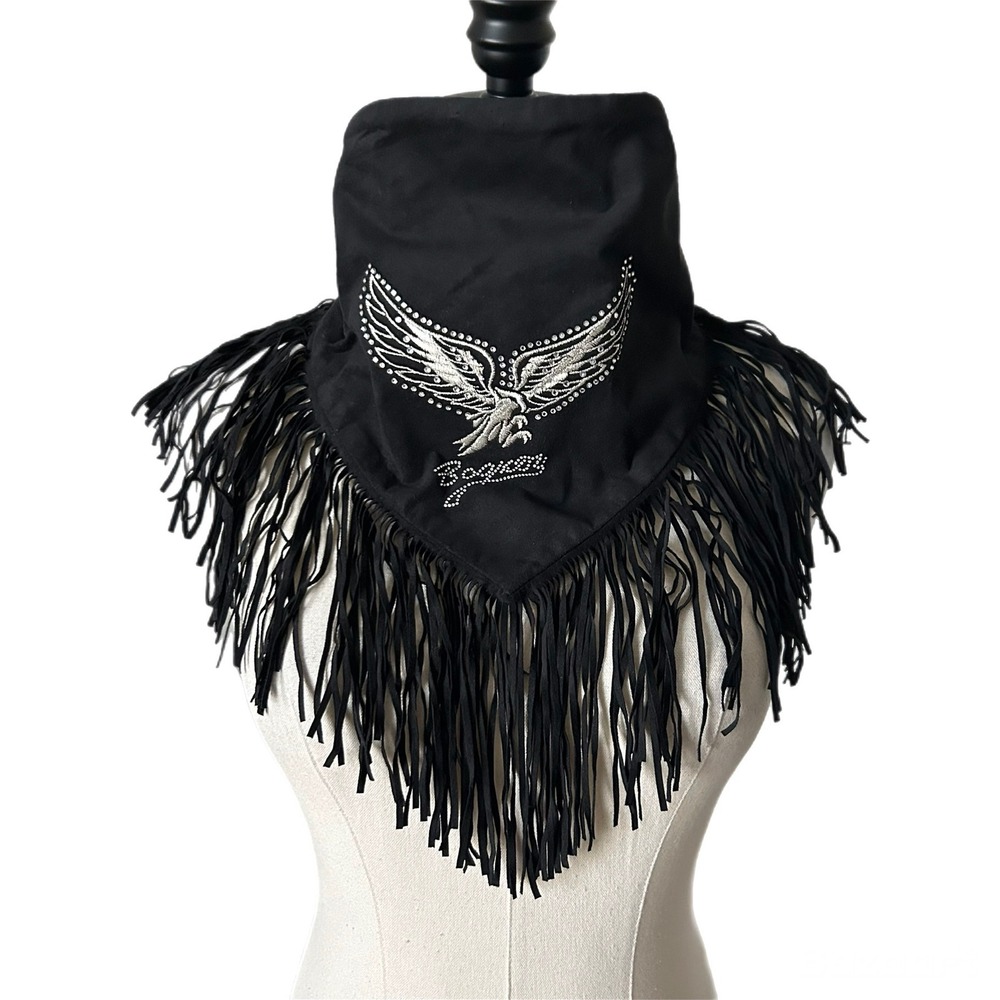 Bogner Scarf Neck Warmer Suede Black Eagle Rhinestone Fringe Western OS